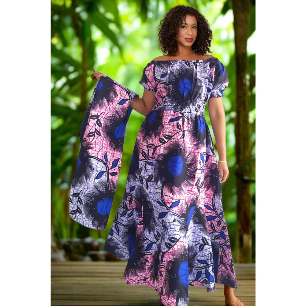 Short Puff Sleeve Maxi Dress with Head Wrap, Multiple Colors (free size)